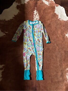 Kids One-Piece Zip Pajamas in Teal with Colorful Cassette Print